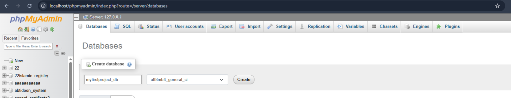 Create MySQL database in phpMyAdmin using XAMPP