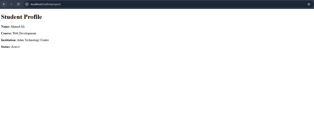 PHP student profile using variables in XAMPP