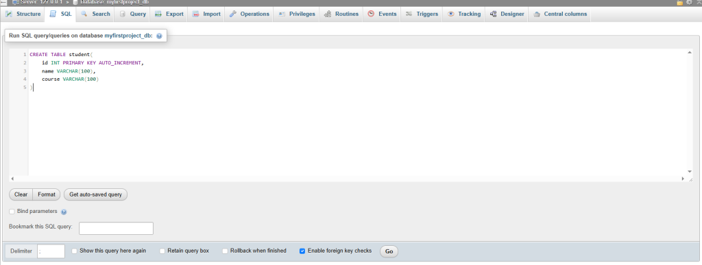 Create students table in phpMyAdmin using XAMPP